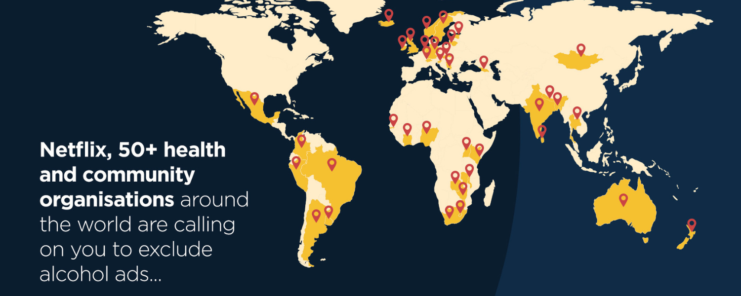 World map showing organisations who support banning alcohol ads on Netflix